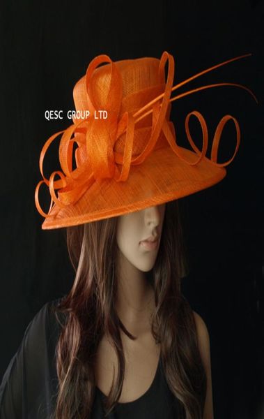 

big orange large brim sinamay hat with ostrich feather spine for wedding races8602415, White