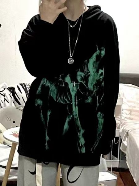 

womens hoodies sweatshirts spring and autumn american allmatch specialshaped skeleton print hoodie loose casual mens womens hiphop y2k 23070, Black