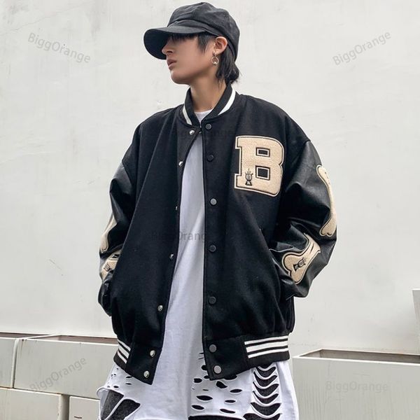 

mens jackets american retro high street hiphop woolen flocking baseball uniform jacket for men and women loose casual allmatch jacket 230705, Black;brown