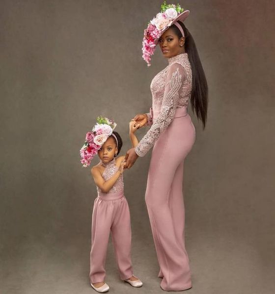 

2022 jumpsuit mother and daughter party dresses lace applique zipper back long pant suits kids formal wear1204911, White;blue