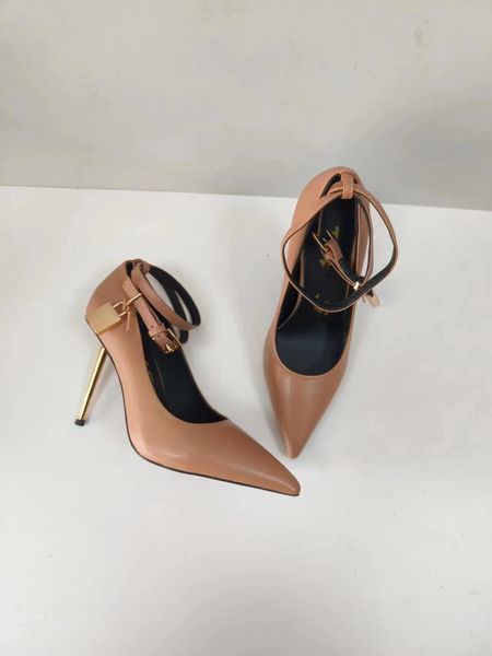 

luxury 2023 brand padlock pumps women high heel dress shoes embellished ankle strap pump classic shoes pointy thin heeled brand eu35-43, Black