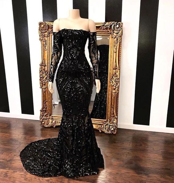 

vestidos off the shoulder mermaid prom dresses new black long sleeve sweep strain sequined formal evening dress party gowns bc14547066765