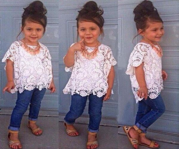 

whole fashion summer new arrival cute girls clothing set white lace shirtvestjeans 3pcsset kids designer clothes girls by141346857
