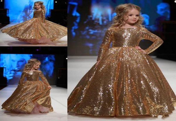 

2018 dark gold sequined dresses little girls pageant gowns formal wear wedding flower girl dresses jewel neck long sleeve kids9390065, White;blue