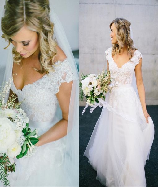 

2020 bohemian hippie style modest country wedding dresses v neck lace cap sleeves sash backless wedding dress beach bri7129616, White