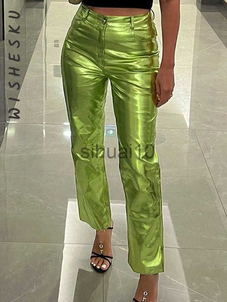 

women's pants capris women metallic straight-leg pu pants za sparkling high waist trousers streetwear clubwear comes 2023 spring fall j, Black;white