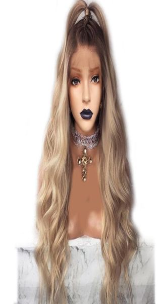 

brown roots ombre blonde long body wave part synthetic lace front wig for women natural hairline full hair wigs6763011, Black