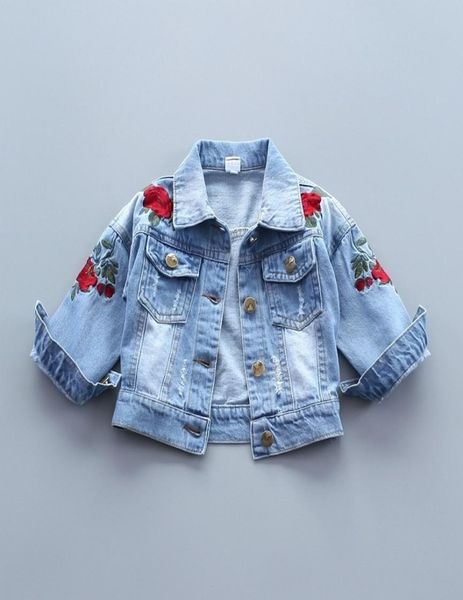 

fashion girls jean jackets kids baby rose embroidery coat long sleeve button denim jackets toddler girls clothing 17y y2008311861044, Blue;gray