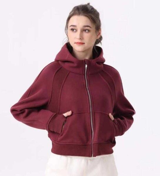 

lu-68 yoga outfits full zipper scuba hoodies women's leisure sports sweater running fitness plush thickened coat jacket, White;red