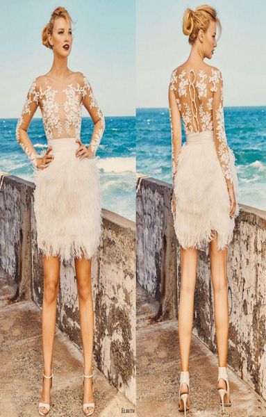 

gorgeous little short wedding dresses lace appliques tulle sheer long sleeveless feather custom made beach bridal gowns7314501, White