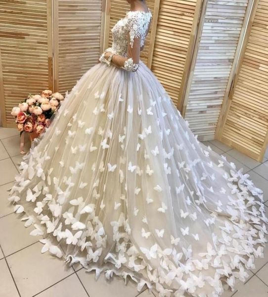 

butterfly appliques ball gown wedding dresses with illusion long sleeves wedding gowns lace handmade flowers bridal dress vestidos8812370, White