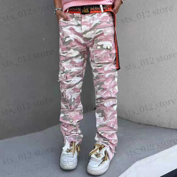 

men's jeans streetwear camouflage patchwork casual straight jeans cargos for men y2k harajuku pockets ankle zipper baggy denim trousers, Blue