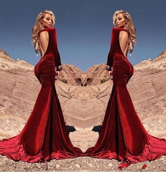 

open back saudi arabic burgundy mermaid velvet evening dresses 2020 long sleeves formal party prom gowns special occasion gow9787239, Black;red
