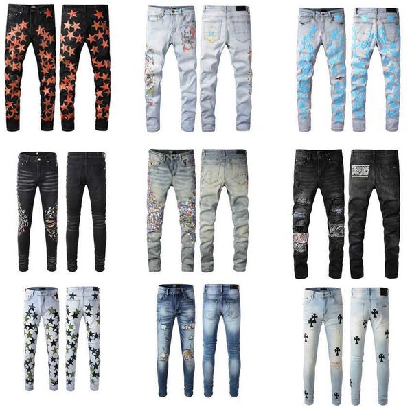 

mens 20ss designer jeans distressed ripped biker slim fit motorcycle denim for men s european jean hombre letter star, Blue
