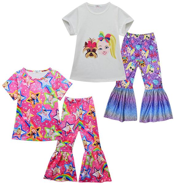 

jojo siwa summer baby girls outfits short sleeve tshirt flared pants 2pcsset boutique fashion kids clothing sets z03656080236, White