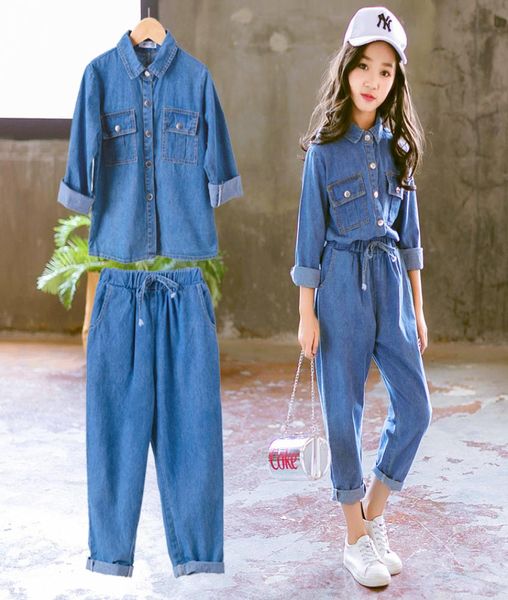 

denim kids clothing set casual children two piece suit solid blue jeans pants teenage girl set spring autumn tracksuit2502410, White