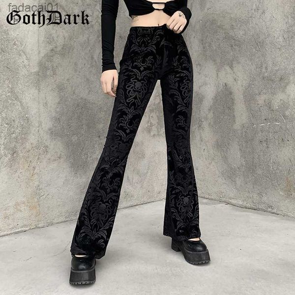 

goth dark vintage floral scratched gothic pants velvet high waist skinny flare trousers for women autumn winter streetwear 2021 l230621, Black;white
