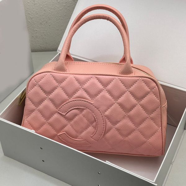 

handle women designer bowling bag quilted totes caviar calfskin leather embroidery diamond lattice portable large capacity zipper handbag 3