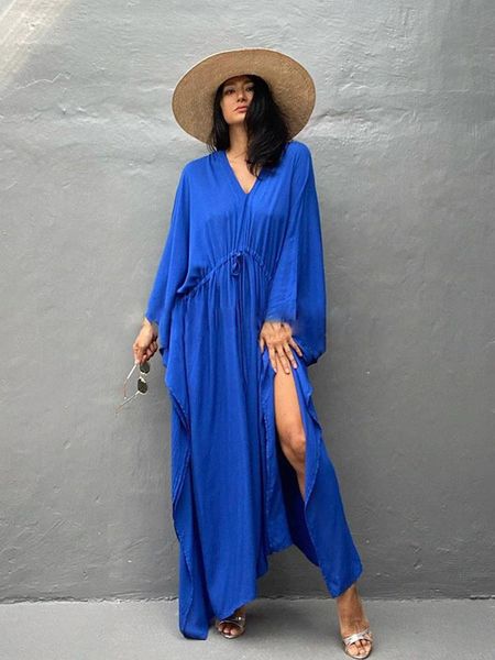 

swimwear 2023 elegant solid kaftan long blue tunic loose maxi dress women summer clothing beach wear swim suit cover up a1984, White;black