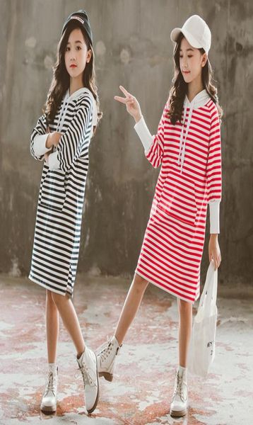 

spring fall girls sweatshirt dress cotton princess hoodies striped clothes 10 to 12 years fashion teenage school girls clothing4833965, Red;yellow