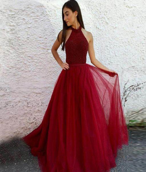 

stunning dark red tulle prom dresses halter beaded ribbon floor length backless ball gown evening dresses plus size prom dresses4526054, Black