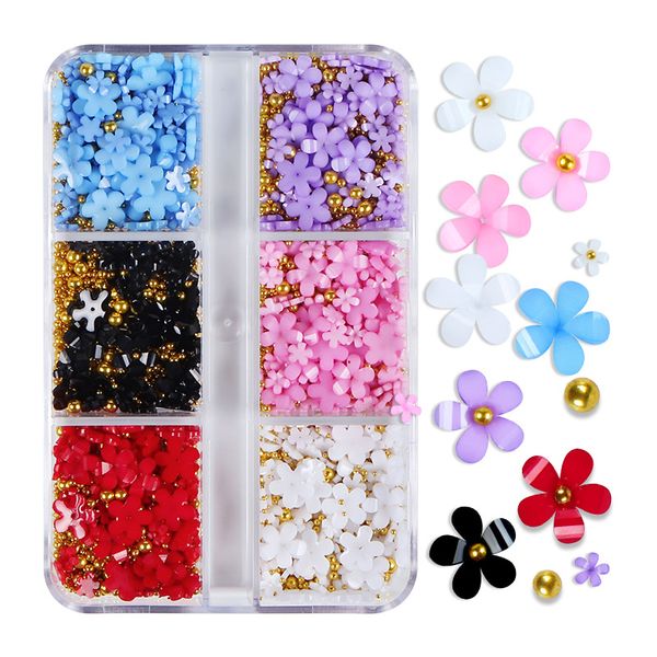 

3d flower nail art decoration 6 grid flowers nails charms acrylich flower rhinestones manicure accessories diy nails decoration, Silver;gold