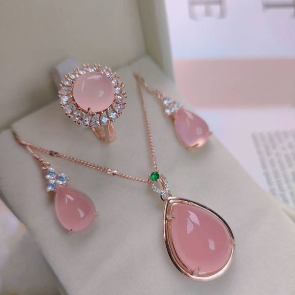 

luxury inlaid crystal natural pink green chalcedony pendant necklace ring earrings set 3 piece jewelry set, Black