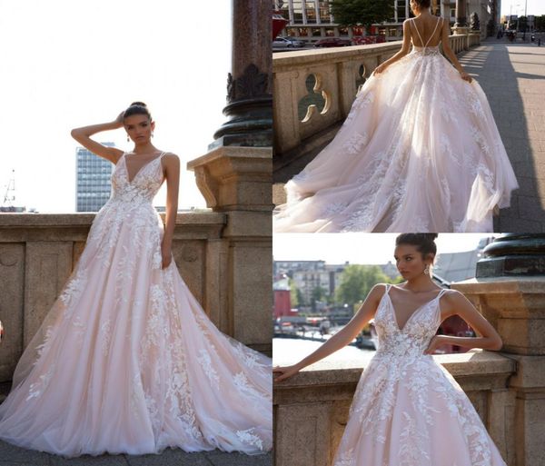 

blush pink boho wedding dresses lace appliqued sweep train a line v neck beach wedding dress custom made backless bohemian bridal 6497531, White
