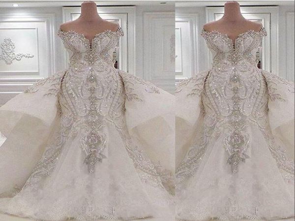 

2023 crystal luxury mermaid wedding dresses bridal gowns with overskirts off shoulder lace ruched sparkle rhinstone dubai vestidos5899296, White