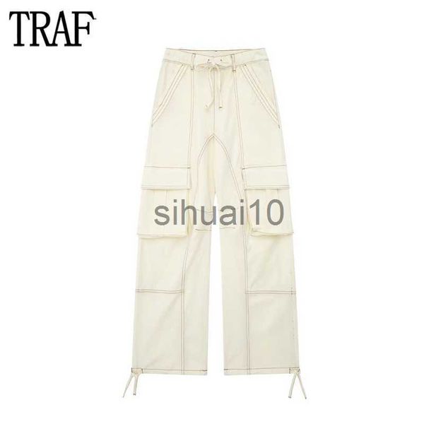 

women's pants capris traf 2023 cargo pants for women beige wide leg pants women summer high waist woman trousers holiday casual baggy p, Black;white