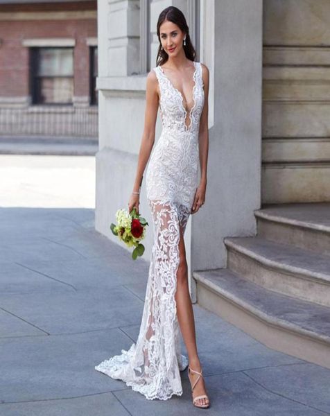 

deep vneck embroidery mermaid wedding dresses see through split front summer bridal gown sweep train boho bridal dress6864060, White