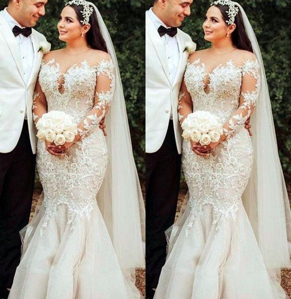

2021 plus size arabic aso ebi lace beaded mermaid wedding gowns sheer neck long sleeves vintage bridal dresses zj2049646881, White