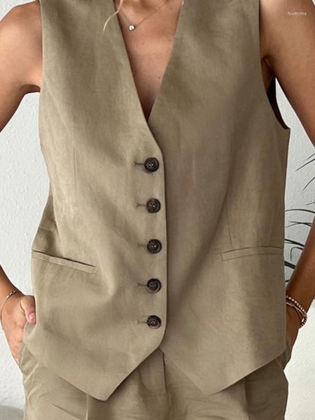 

women's blouses blazer shorts 2 pcs set 2023 women fashion commuter suits linen v-neck vest high waist sets single breasted sleeveless, White