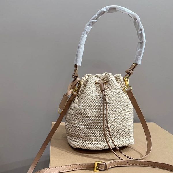 

women portable straw bucket bag embroidery letter badge classic strap crossbody tote designer bag luxury trend mini vanity case handbag poch