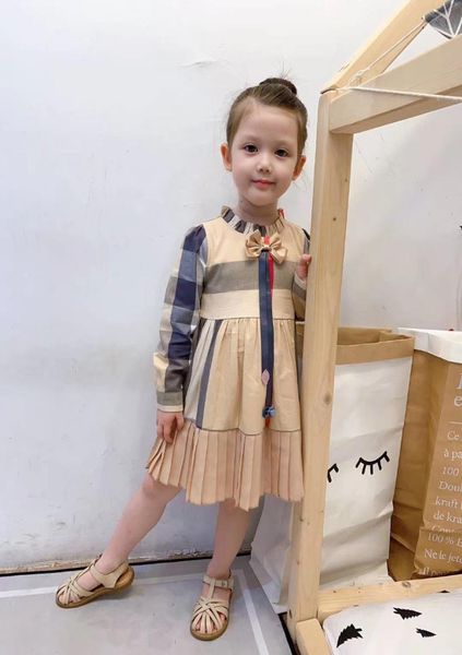 

fashion new kids plaid dress girls bows ruffle collar long sleeve pleated dress children cotton lattice dress kids designer clothi3495985, Red;yellow