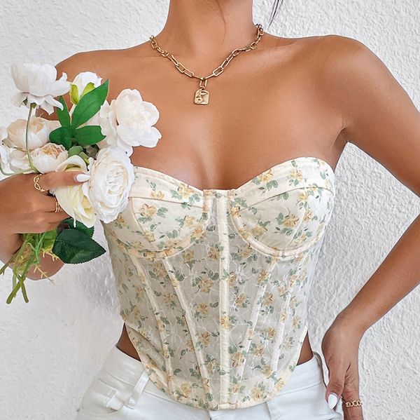 

women's tanks floral print semi-sheer lace up bandeau corset tank top, White