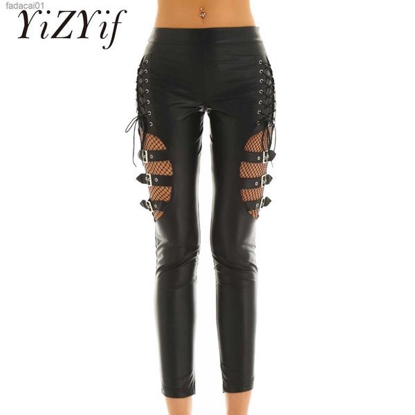 

women pants wet look faux leather mid waist fishnet splice thigh with buckles decoration side lace up stretchy legging trousers l230621, Black;white