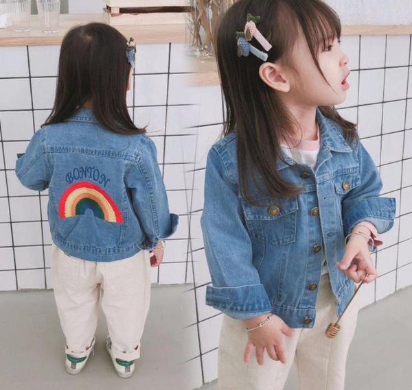 

kids jeans jacket casual girls boys jeans jacket long sleeve embroidered rainbow denim jacket coat children age 27years8923244, Blue;gray