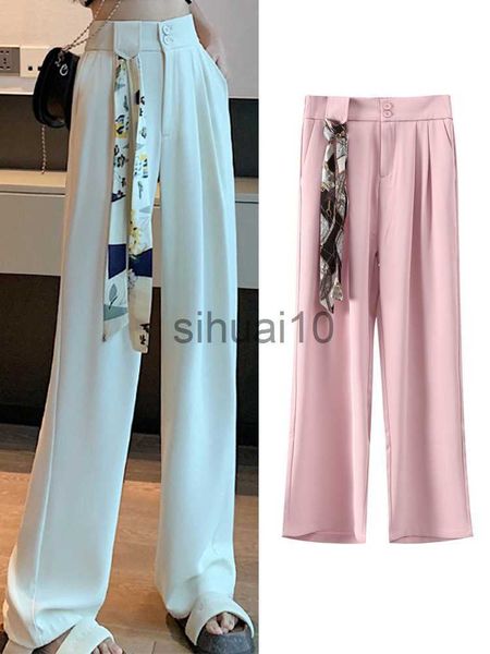 

women's pants capris white high waisted pants for women belts spring 2023 korean fashion button up wide leg pants female office lady ca, Black;white