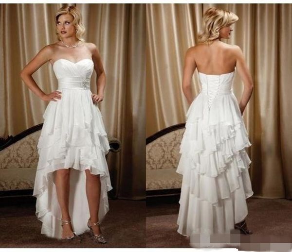 

2020 beach wedding dresses chiffon tiered sweetheart high low lace applique sash pleats ruched wedding bride gowns vestido 4268006, White