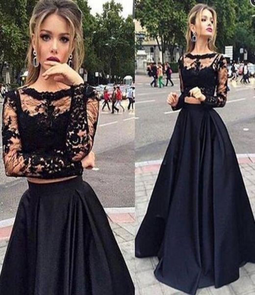 

black two pieces prom dresses lace long sleeves see through elegant floor length satin long skirt evening dr4191780