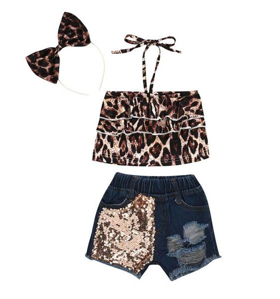 

ins summer leopard girls suits girls boutique outfits kids designer clothes girls tank sequin hole denim shortsheadband 3pcs9669655, White