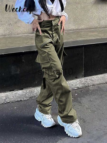 

women's pants capris weekeep green cargo pants boyfriend style baggy zipper pocket casual pants women high waist streetwear y2k aesthet, Black;white