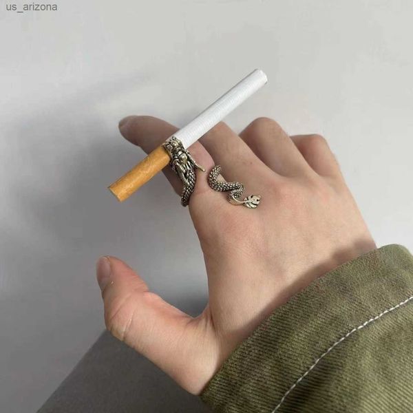 

vintage fashion gold-plated cigarette holder ring of cigarette holder bracket dragon rings for men personality hand jewelry gift l230620, Silver