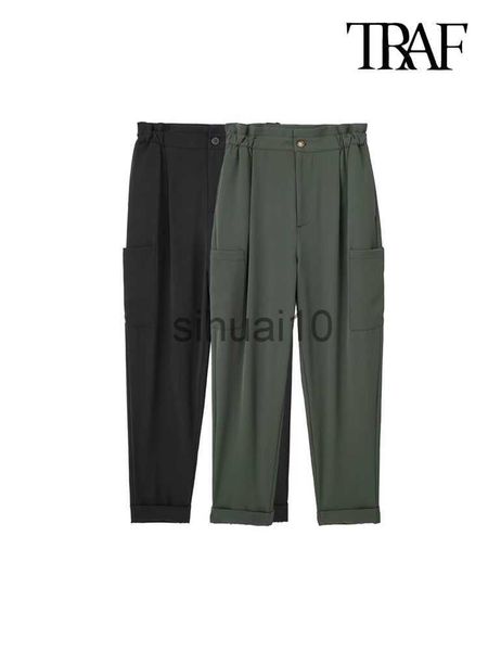 

women's pants capris traf women fashion front pockets baggy cargo pants vintage high elastic waist zipper fly female ankle length trous, Black;white