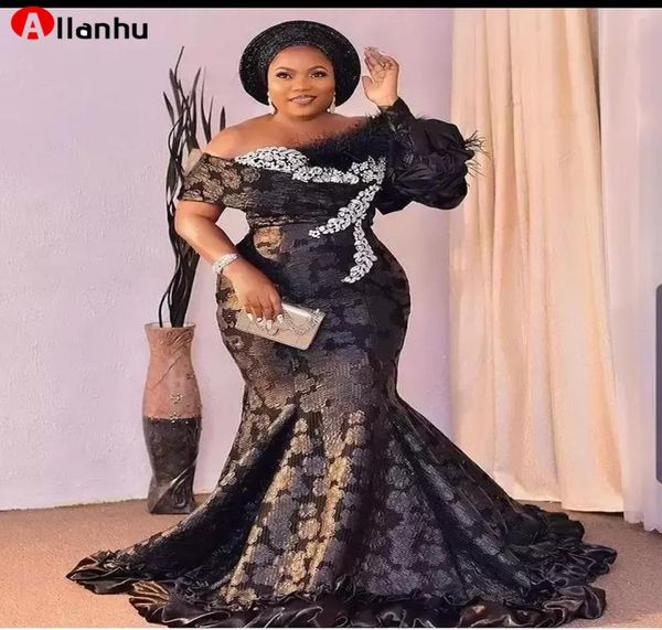 

new new arabic aso ebi style prom dresses with feathers 2022 one shoulder sweep train plus size appliques lace formal evening 8749607, Black