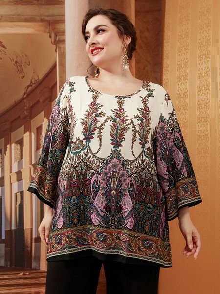 

women's plus size tshirt summer for women long sleeve retro floral print casual blouse loose oversized clothing 230705, Black