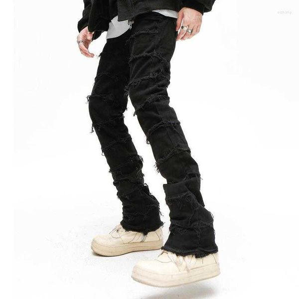 

men's jeans mens retro patchwork flared pants grunge wild stacked ripped long trousers straight y2k baggy washed faded for men, Blue