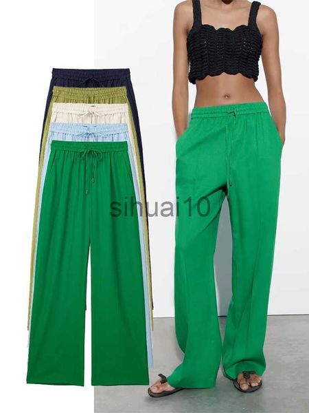 

women's pants capris traf women chic side pockets loose wide leg pants vintage high elastic waist drawstring female trousers mujer j230, Black;white