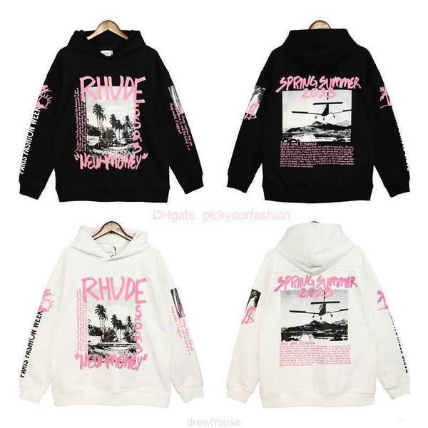 

designer clothing mens sweatshirts hoodies rhude american style vintage landscape letter print hooded fir sweater ins hiphop loose couple ja, Black;brown